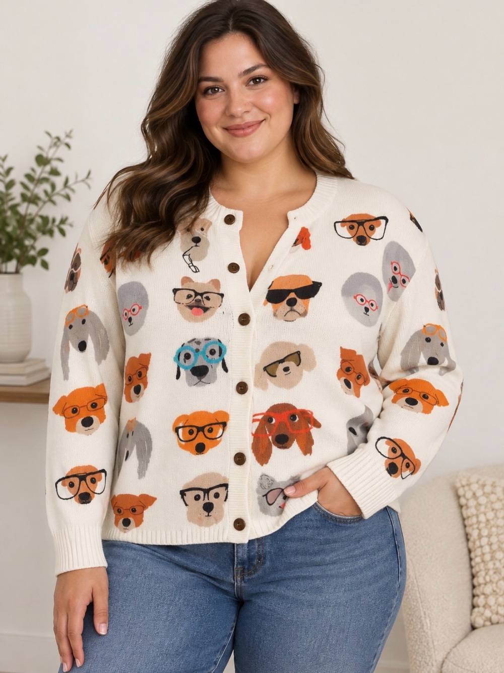 Dog Print Knit Cardigan Sweater Button Front Novelty Dogs Casual jacket. XL